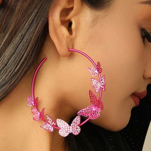 •You Give Me Butterflies• Oversized Pink Butterfly Hoop Earrings - Picture 2 of 2